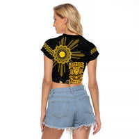 Hawaii and Philippines Together Raglan Cropped T Shirt Warrior Tiki Mask and Filipino Sun Polynesian Style LT03 - Polynesian Pride