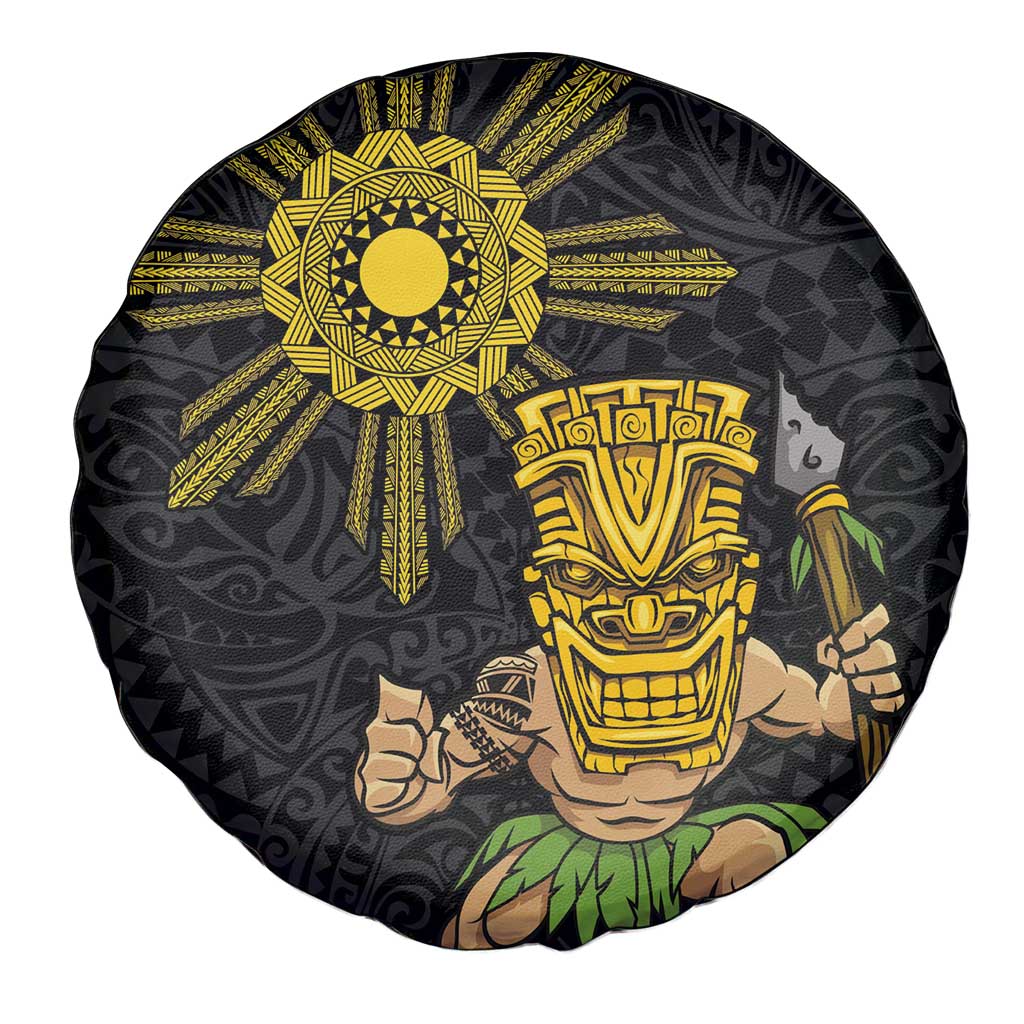 Hawaii and Philippines Together Spare Tire Cover Warrior Tiki Mask and Filipino Sun Polynesian Style