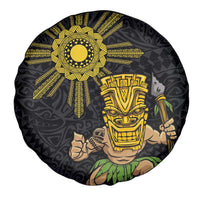Hawaii and Philippines Together Spare Tire Cover Warrior Tiki Mask and Filipino Sun Polynesian Style