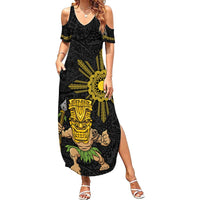 Hawaii and Philippines Together Summer Maxi Dress Warrior Tiki Mask and Filipino Sun Polynesian Style LT03 Women Black - Polynesian Pride