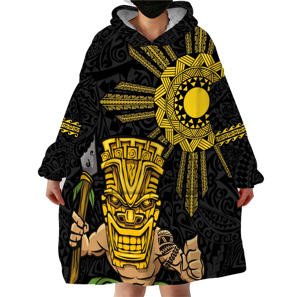Hawaii and Philippines Together Wearable Blanket Hoodie Warrior Tiki Mask and Filipino Sun Polynesian Style LT03 - Polynesian Pride