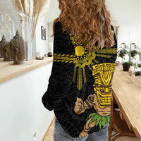 Hawaii and Philippines Together Women Casual Shirt Warrior Tiki Mask and Filipino Sun Polynesian Style