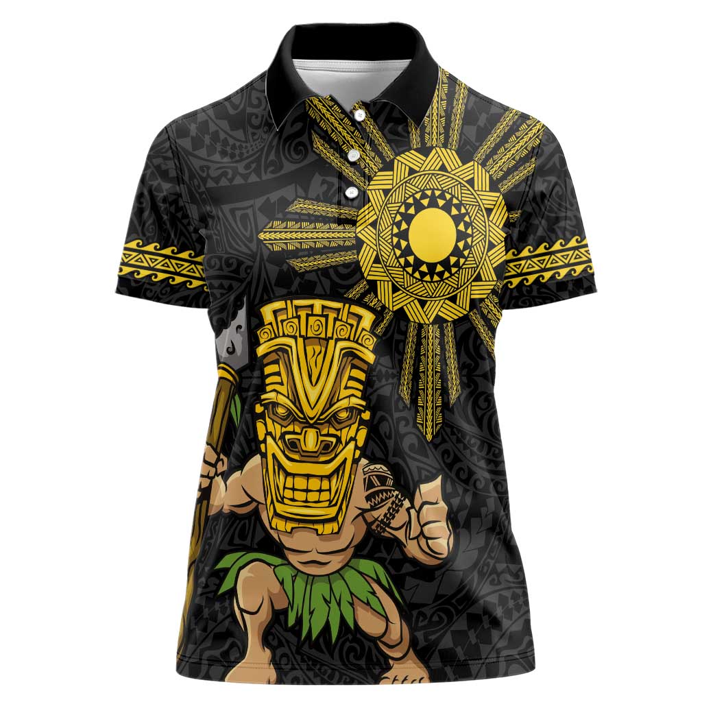 Hawaii and Philippines Together Women Polo Shirt Warrior Tiki Mask and Filipino Sun Polynesian Style