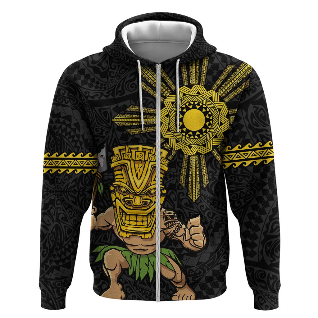 Hawaii and Philippines Together Zip Hoodie Warrior Tiki Mask and Filipino Sun Polynesian Style LT03 Zip Hoodie Black - Polynesian Pride