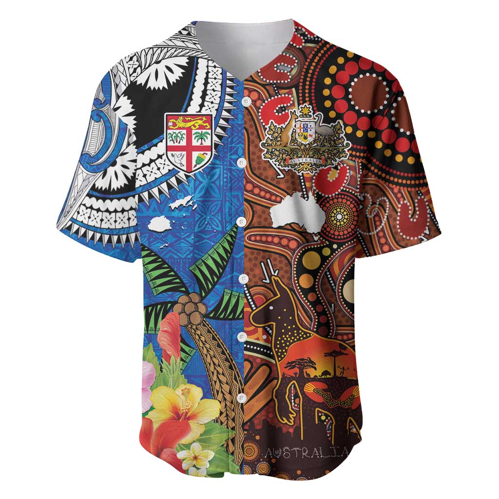 Fiji and Australia Together Baseball Jersey Fijian Tapa Plants with Kangaroo and Aboriginal - Polynesian Pride