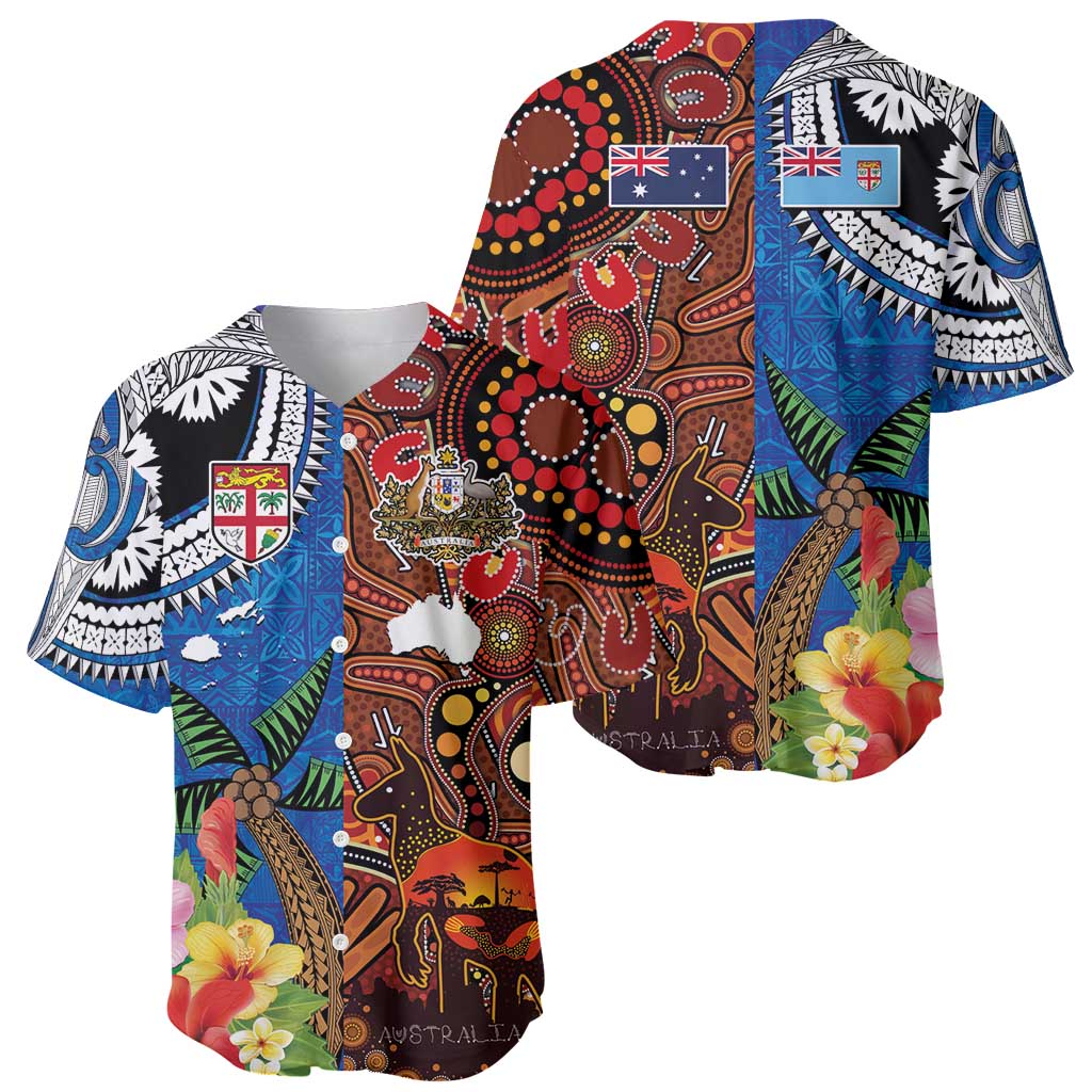 Fiji and Australia Together Baseball Jersey Fijian Tapa Plants with Kangaroo and Aboriginal - Polynesian Pride