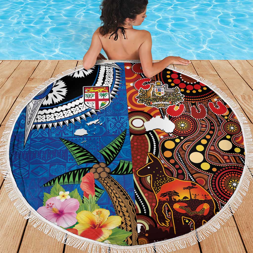 Fiji and Australia Together Beach Blanket Fijian Tapa Plants with Kangaroo and Aboriginal - Polynesian Pride
