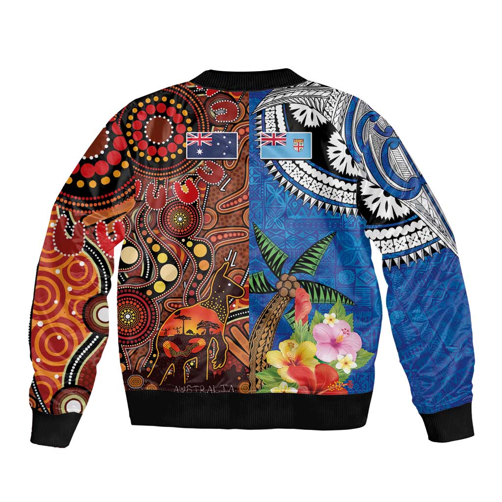 Fiji and Australia Together Bomber Jacket Fijian Tapa Plants with Kangaroo and Aboriginal - Polynesian Pride