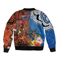 Fiji and Australia Together Bomber Jacket Fijian Tapa Plants with Kangaroo and Aboriginal - Polynesian Pride