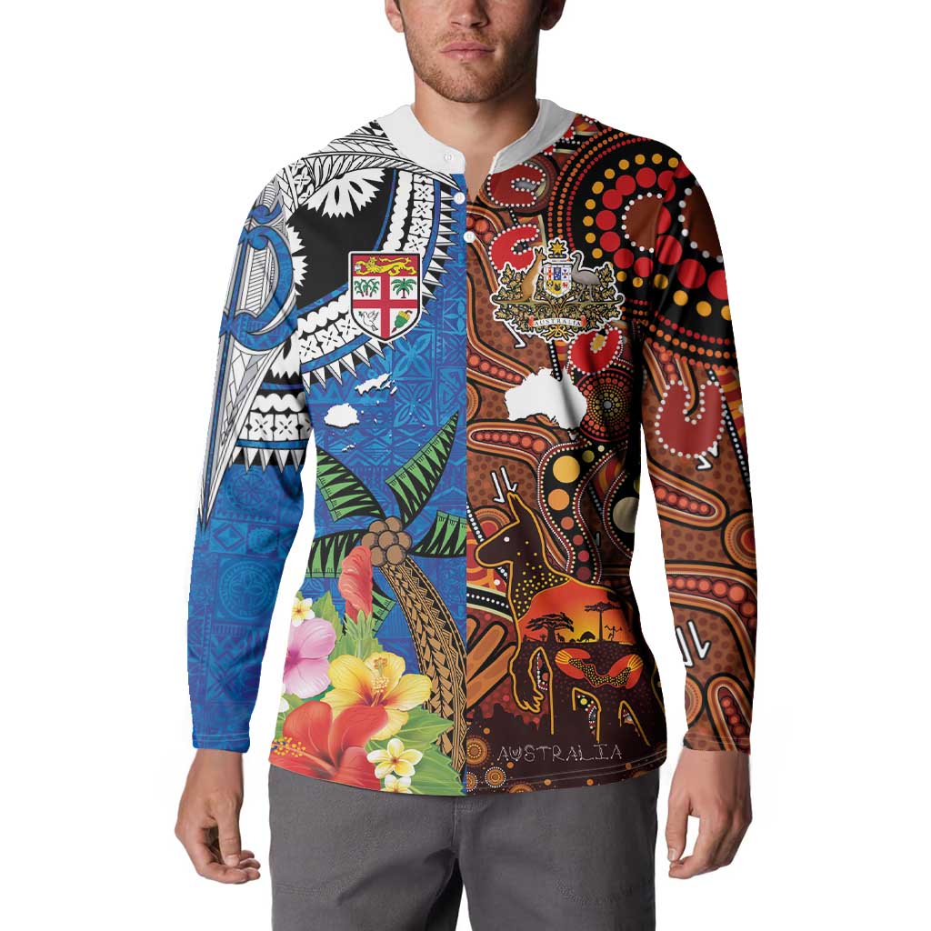 Fiji and Australia Together Button Sweatshirt Fijian Tapa Plants with Kangaroo and Aboriginal - Polynesian Pride