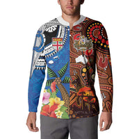 Fiji and Australia Together Button Sweatshirt Fijian Tapa Plants with Kangaroo and Aboriginal - Polynesian Pride