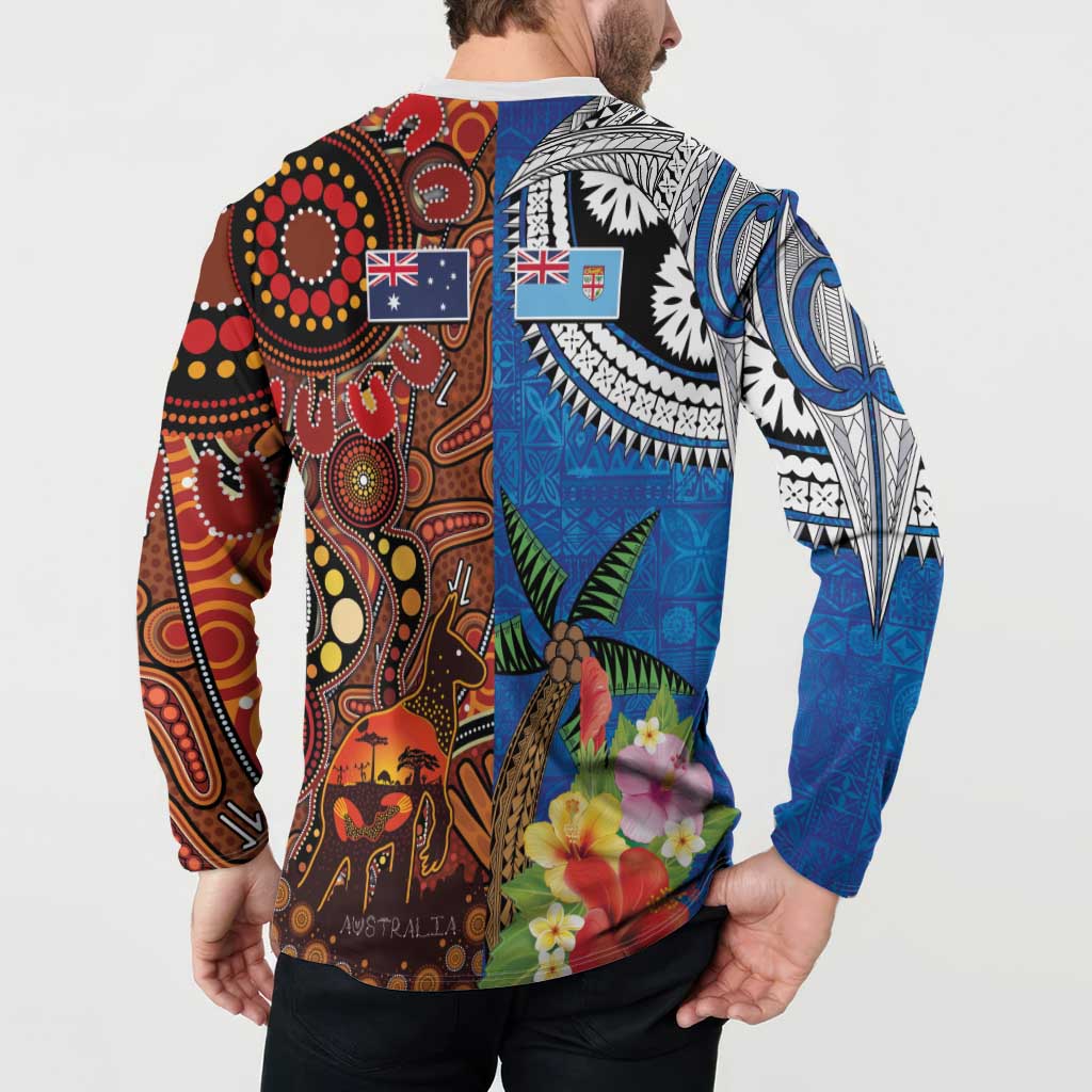 Fiji and Australia Together Button Sweatshirt Fijian Tapa Plants with Kangaroo and Aboriginal - Polynesian Pride