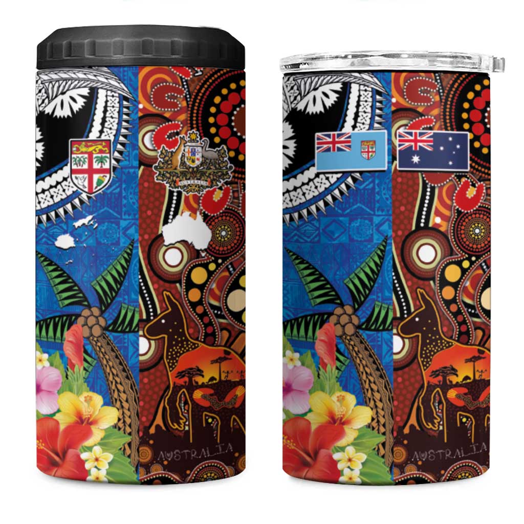 Fiji and Australia Together 4 in 1 Can Cooler Tumbler Fijian Tapa Plants with Kangaroo and Aboriginal - Polynesian Pride