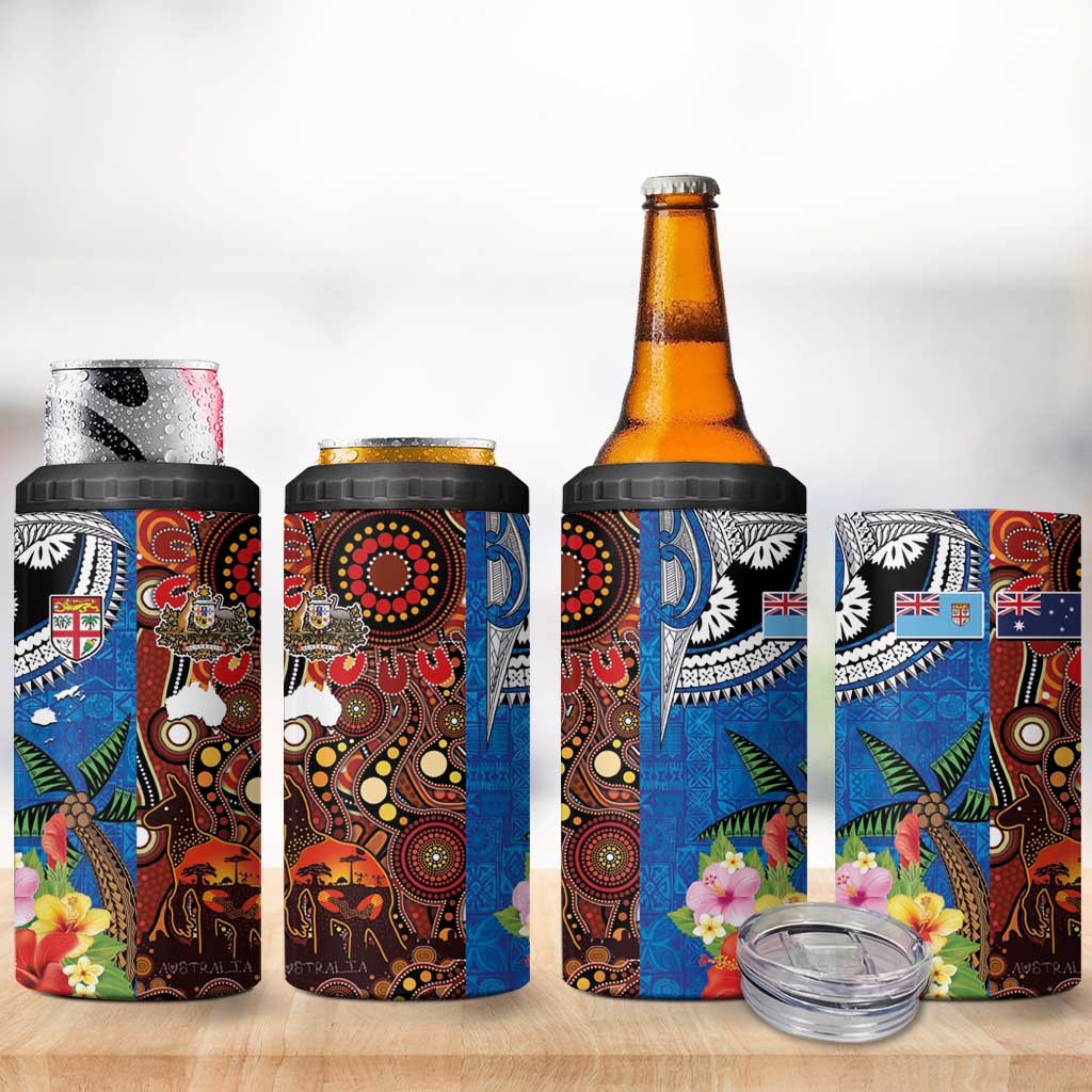 Fiji and Australia Together 4 in 1 Can Cooler Tumbler Fijian Tapa Plants with Kangaroo and Aboriginal LT03 - Polynesian Pride