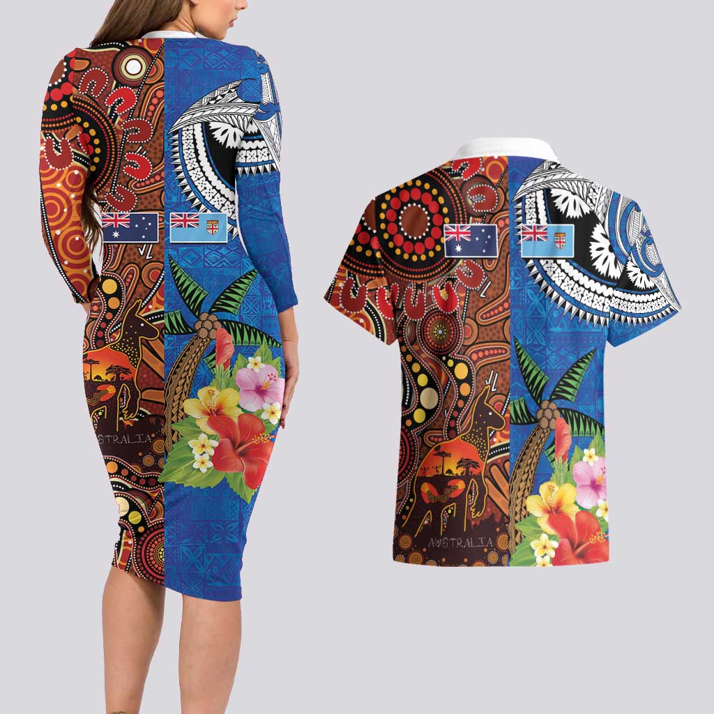 Fiji and Australia Together Couples Matching Long Sleeve Bodycon Dress and Hawaiian Shirt Fijian Tapa Plants with Kangaroo and Aboriginal - Polynesian Pride