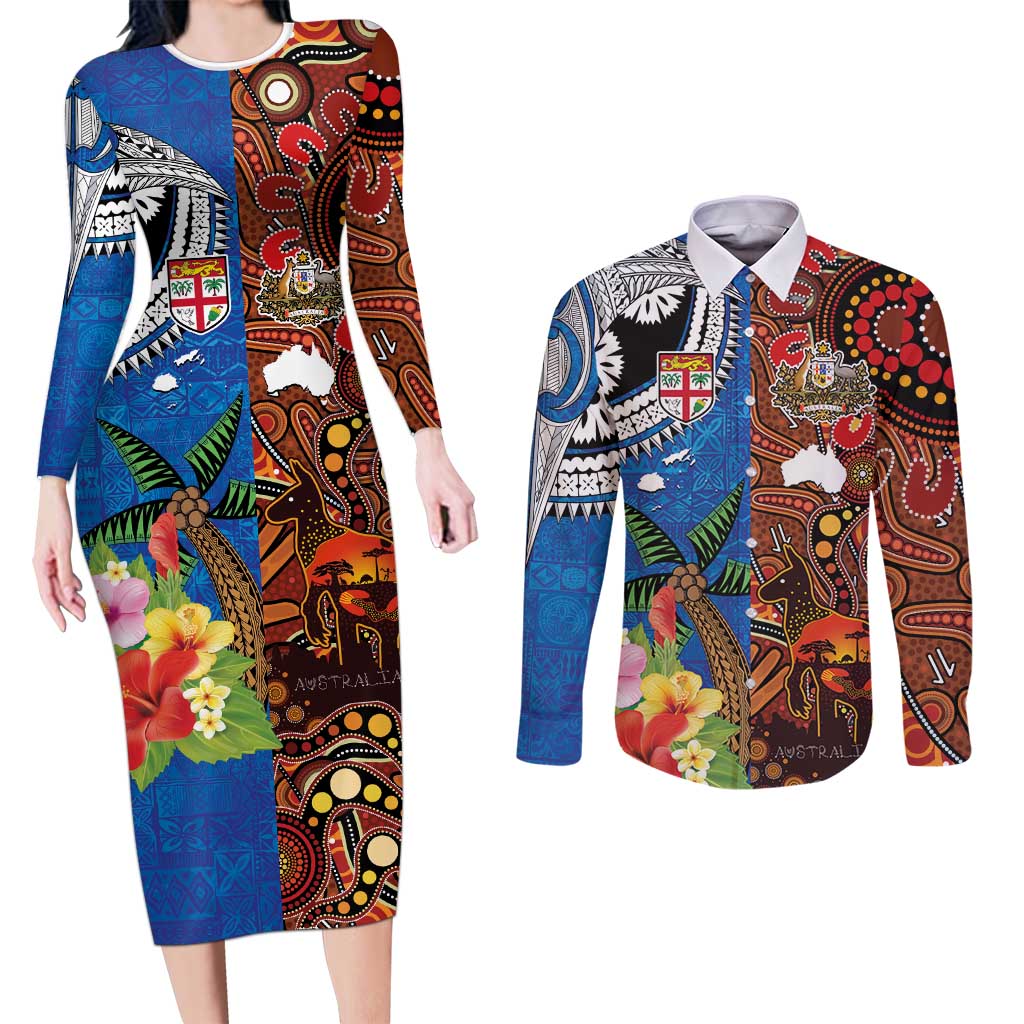 Fiji and Australia Together Couples Matching Long Sleeve Bodycon Dress and Long Sleeve Button Shirt Fijian Tapa Plants with Kangaroo and Aboriginal - Polynesian Pride