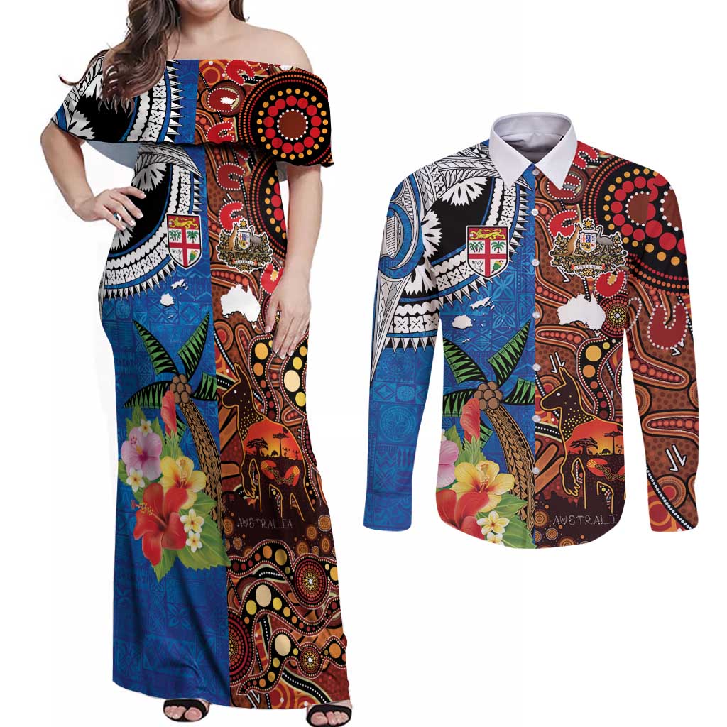 Fiji and Australia Together Couples Matching Off Shoulder Maxi Dress and Long Sleeve Button Shirt Fijian Tapa Plants with Kangaroo and Aboriginal - Polynesian Pride