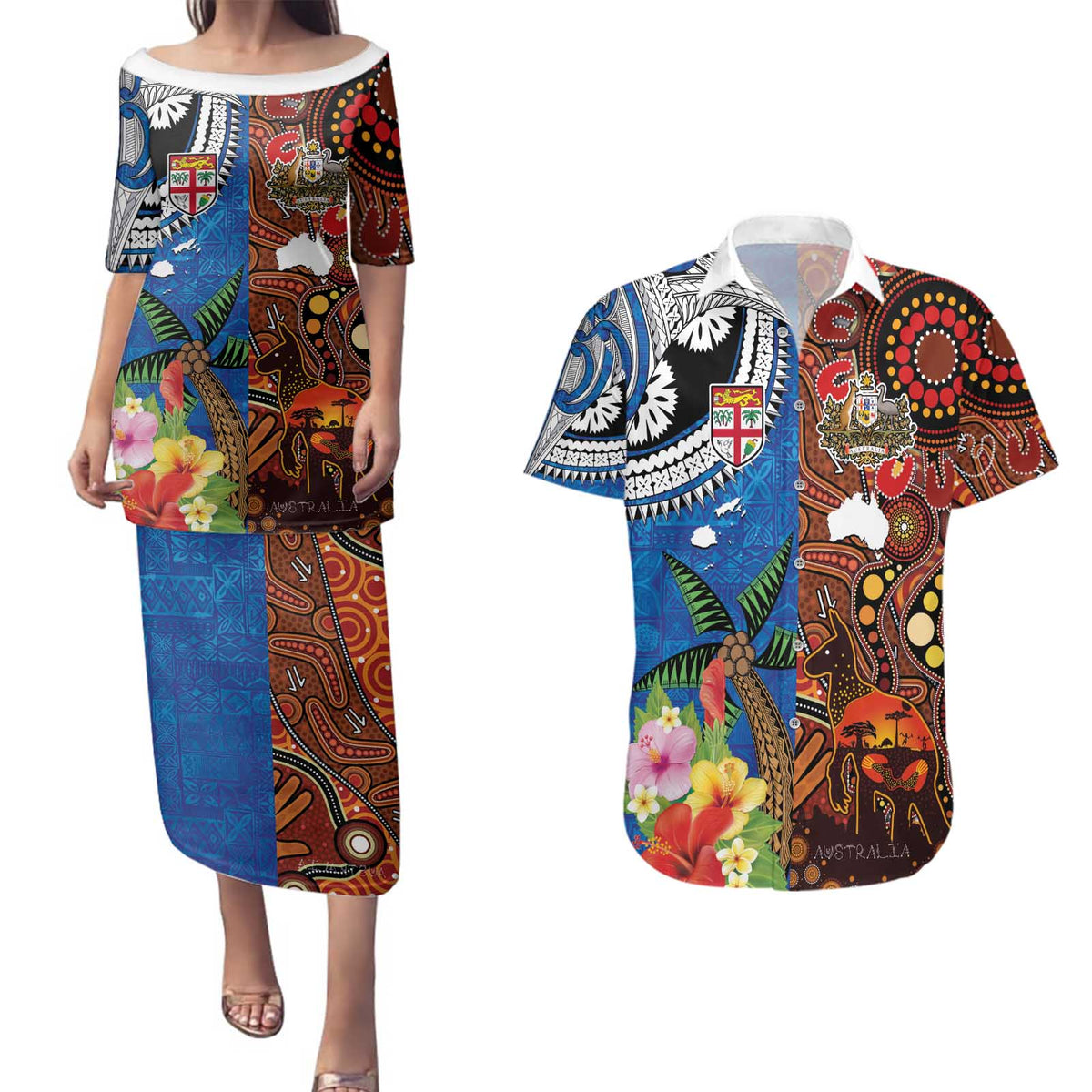 Fiji and Australia Together Couples Matching Puletasi and Hawaiian Shirt Fijian Tapa Plants with Kangaroo and Aboriginal - Polynesian Pride