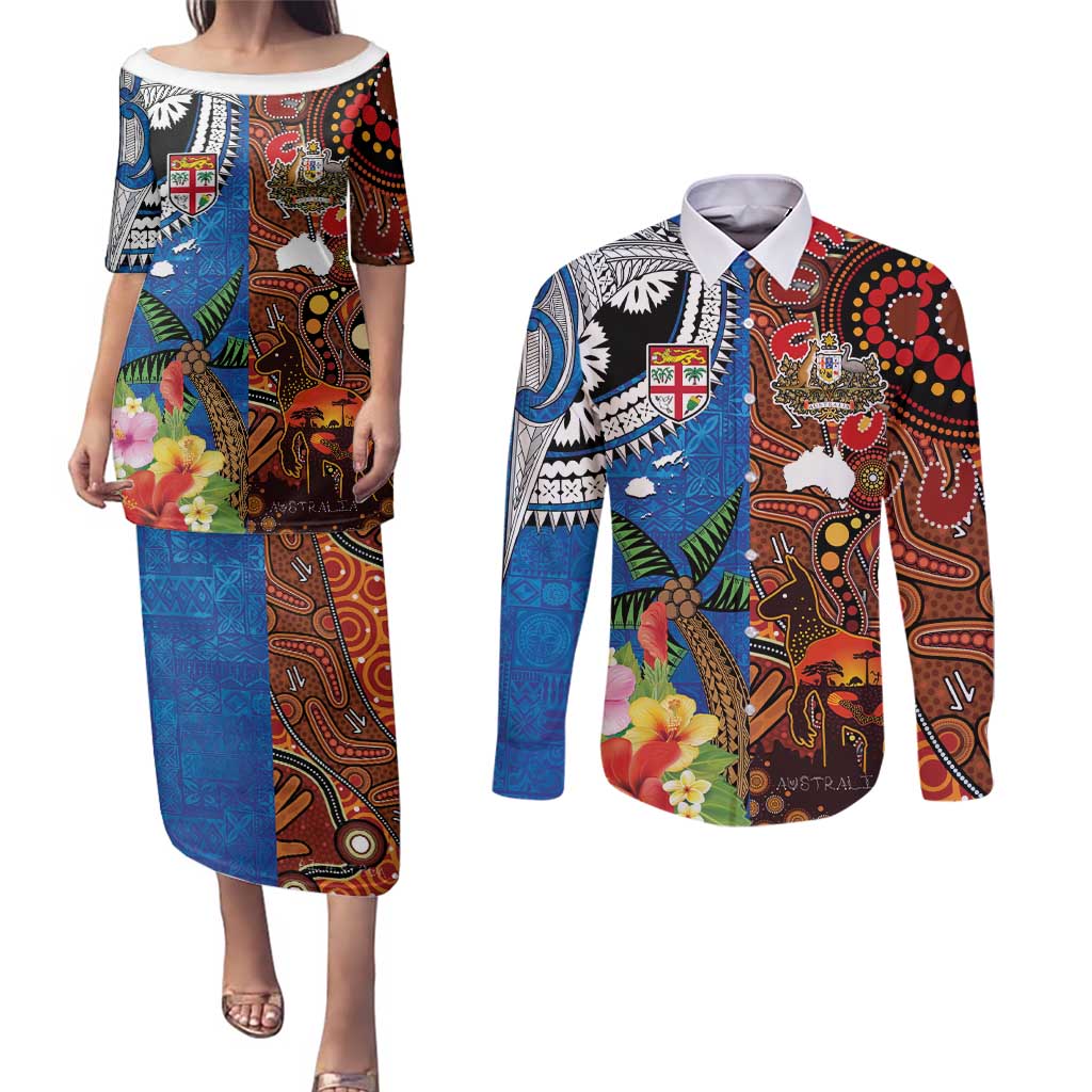 Fiji and Australia Together Couples Matching Puletasi and Long Sleeve Button Shirt Fijian Tapa Plants with Kangaroo and Aboriginal - Polynesian Pride