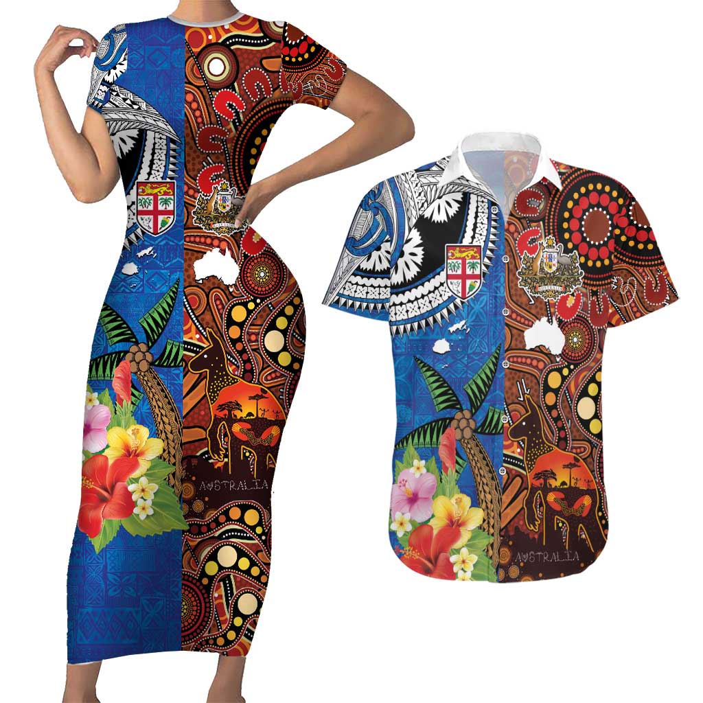 Fiji and Australia Together Couples Matching Short Sleeve Bodycon Dress and Hawaiian Shirt Fijian Tapa Plants with Kangaroo and Aboriginal - Polynesian Pride