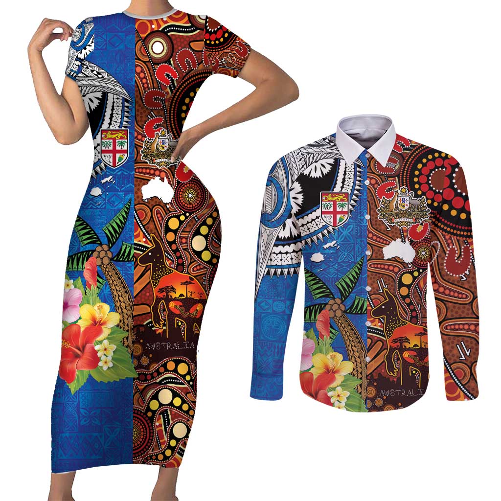 Fiji and Australia Together Couples Matching Short Sleeve Bodycon Dress and Long Sleeve Button Shirt Fijian Tapa Plants with Kangaroo and Aboriginal - Polynesian Pride