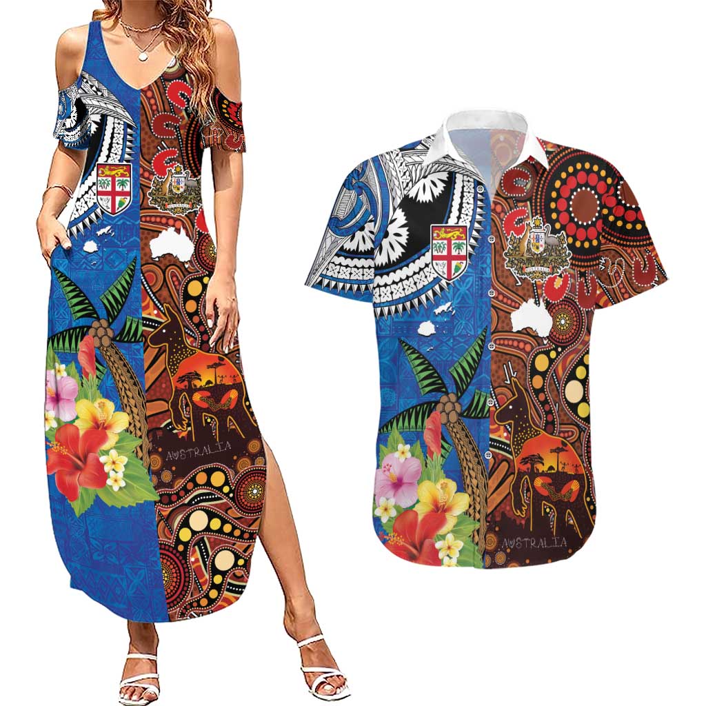 Fiji and Australia Together Couples Matching Summer Maxi Dress and Hawaiian Shirt Fijian Tapa Plants with Kangaroo and Aboriginal - Polynesian Pride