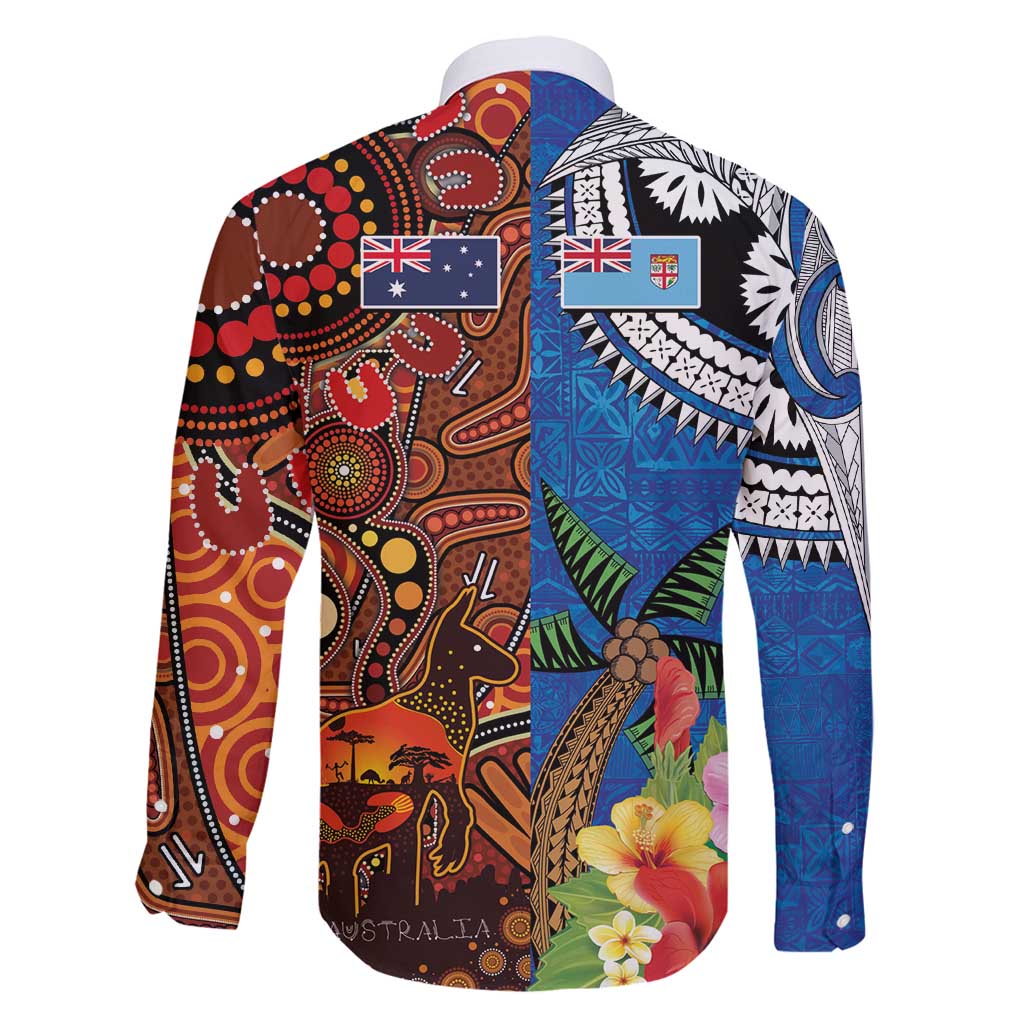 Fiji and Australia Together Family Matching Long Sleeve Bodycon Dress and Hawaiian Shirt Fijian Tapa Plants with Kangaroo and Aboriginal - Polynesian Pride