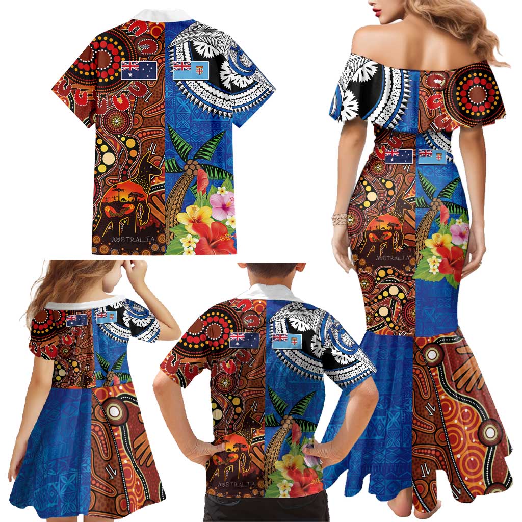 Fiji and Australia Together Family Matching Mermaid Dress and Hawaiian Shirt Fijian Tapa Plants with Kangaroo and Aboriginal - Polynesian Pride