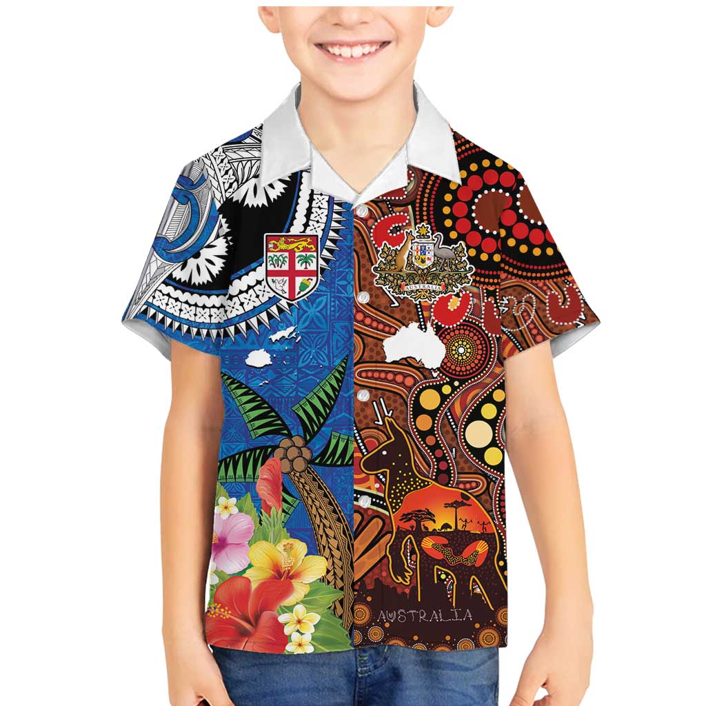 Fiji and Australia Together Family Matching Mermaid Dress and Hawaiian Shirt Fijian Tapa Plants with Kangaroo and Aboriginal - Polynesian Pride