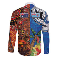 Fiji and Australia Together Family Matching Off The Shoulder Long Sleeve Dress and Hawaiian Shirt Fijian Tapa Plants with Kangaroo and Aboriginal - Polynesian Pride