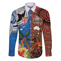 Fiji and Australia Together Family Matching Puletasi and Hawaiian Shirt Fijian Tapa Plants with Kangaroo and Aboriginal - Polynesian Pride