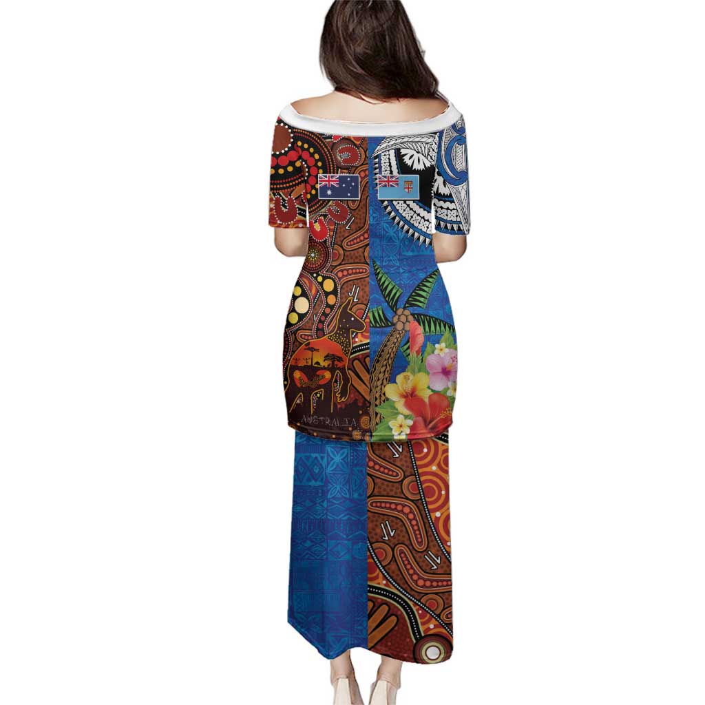 Fiji and Australia Together Family Matching Puletasi and Hawaiian Shirt Fijian Tapa Plants with Kangaroo and Aboriginal - Polynesian Pride