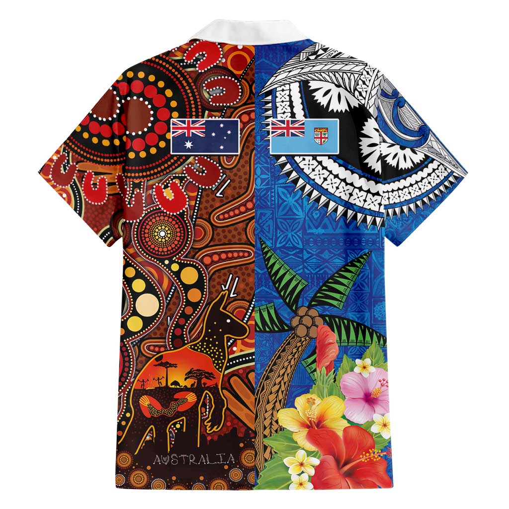 Fiji and Australia Together Family Matching Short Sleeve Bodycon Dress and Hawaiian Shirt Fijian Tapa Plants with Kangaroo and Aboriginal - Polynesian Pride