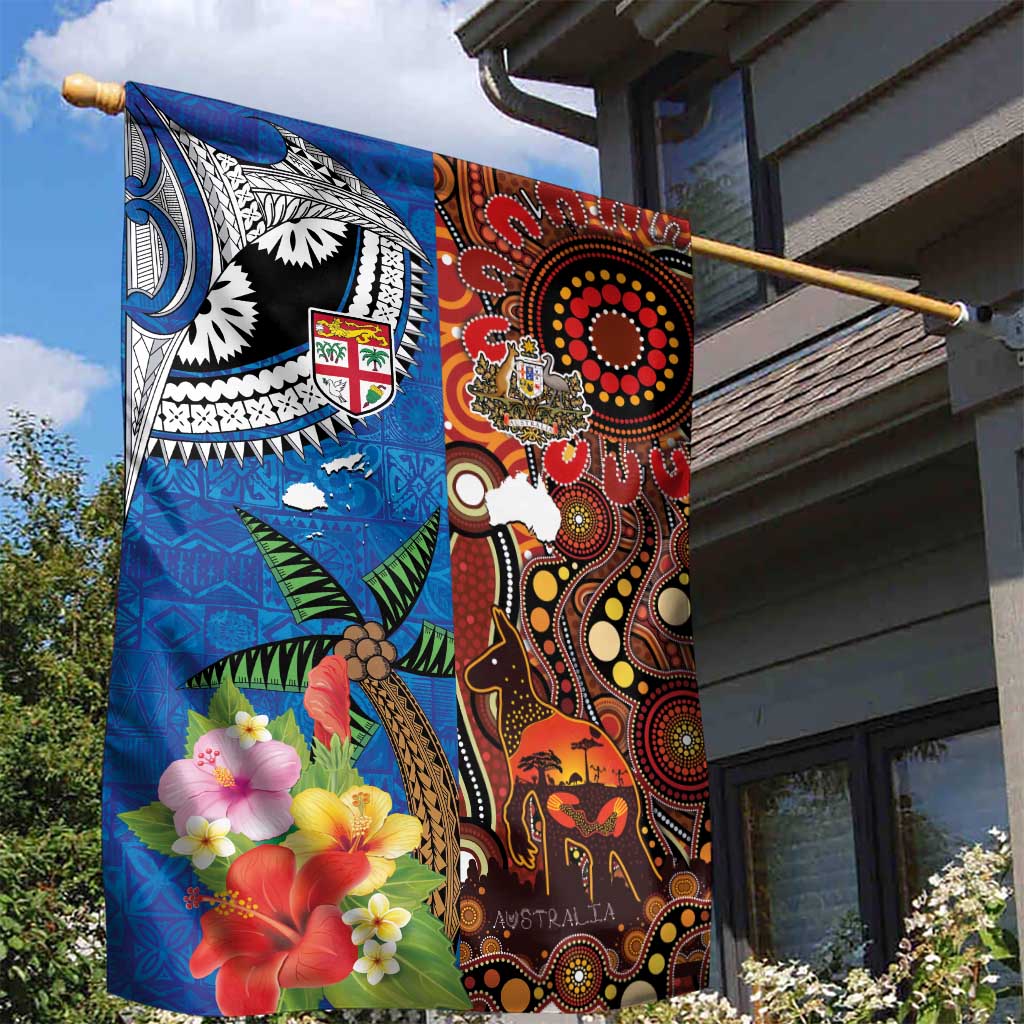 Fiji and Australia Together Garden Flag Fijian Tapa Plants with Kangaroo and Aboriginal - Polynesian Pride