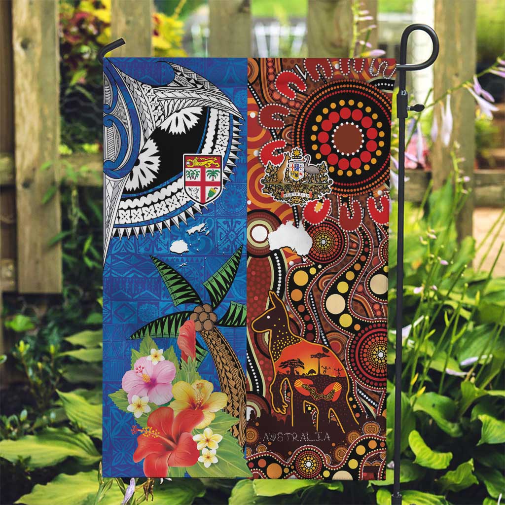 Fiji and Australia Together Garden Flag Fijian Tapa Plants with Kangaroo and Aboriginal - Polynesian Pride