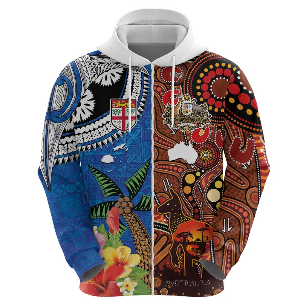 Fiji and Australia Together Hoodie Fijian Tapa Plants with Kangaroo and Aboriginal - Polynesian Pride