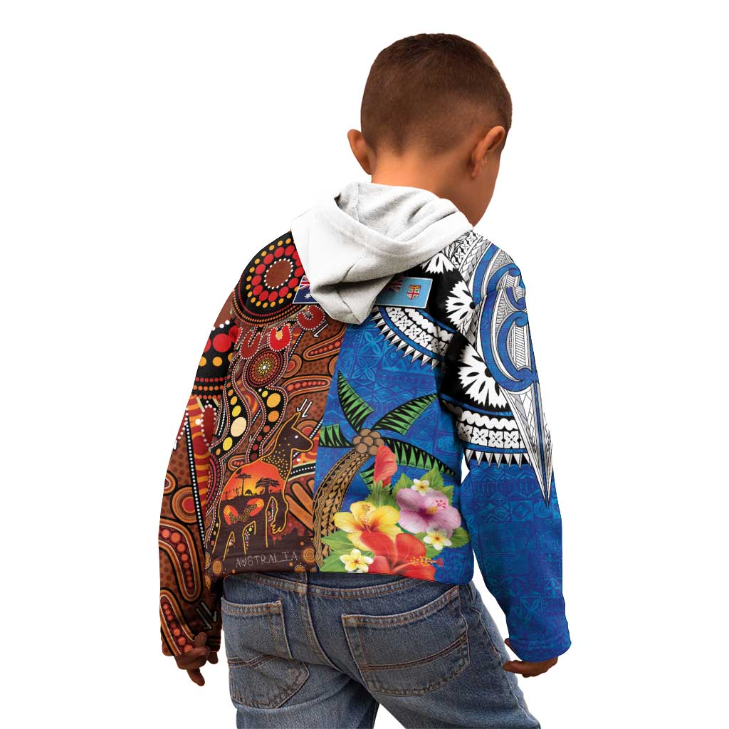Fiji and Australia Together Kid Hoodie Fijian Tapa Plants with Kangaroo and Aboriginal - Polynesian Pride