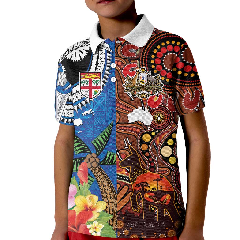 Fiji and Australia Together Kid Polo Shirt Fijian Tapa Plants with Kangaroo and Aboriginal - Polynesian Pride