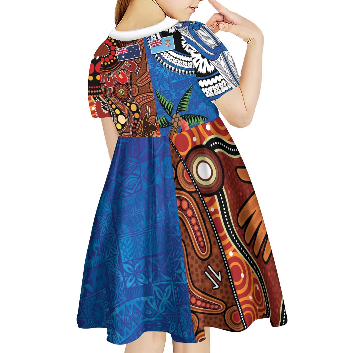 Fiji and Australia Together Kid Short Sleeve Dress Fijian Tapa Plants with Kangaroo and Aboriginal - Polynesian Pride