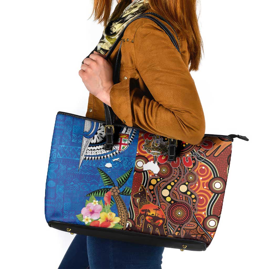 Fiji and Australia Together Leather Tote Bag Fijian Tapa Plants with Kangaroo and Aboriginal - Polynesian Pride
