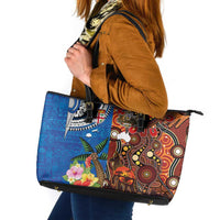 Fiji and Australia Together Leather Tote Bag Fijian Tapa Plants with Kangaroo and Aboriginal - Polynesian Pride