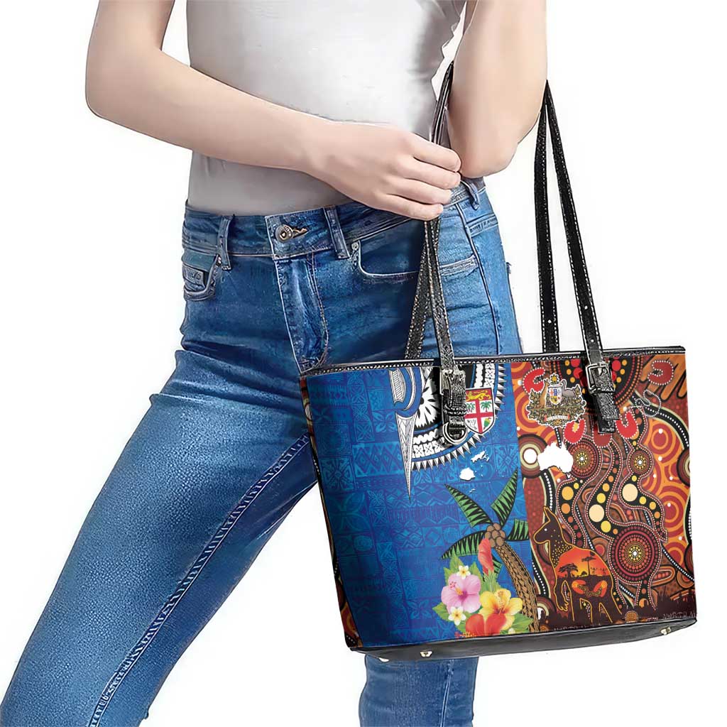 Fiji and Australia Together Leather Tote Bag Fijian Tapa Plants with Kangaroo and Aboriginal - Polynesian Pride