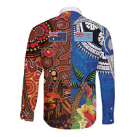 Fiji and Australia Together Long Sleeve Button Shirt Fijian Tapa Plants with Kangaroo and Aboriginal - Polynesian Pride