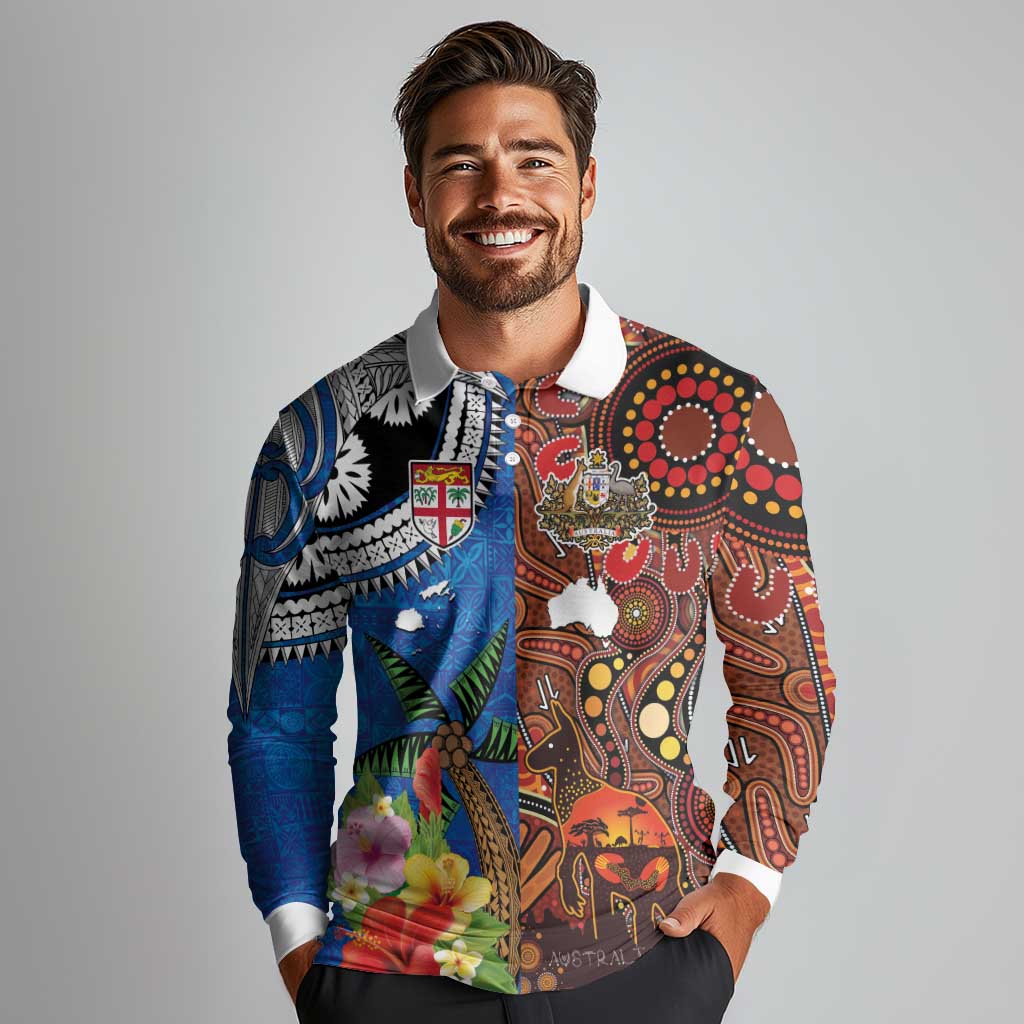 Fiji and Australia Together Long Sleeve Polo Shirt Fijian Tapa Plants with Kangaroo and Aboriginal - Polynesian Pride