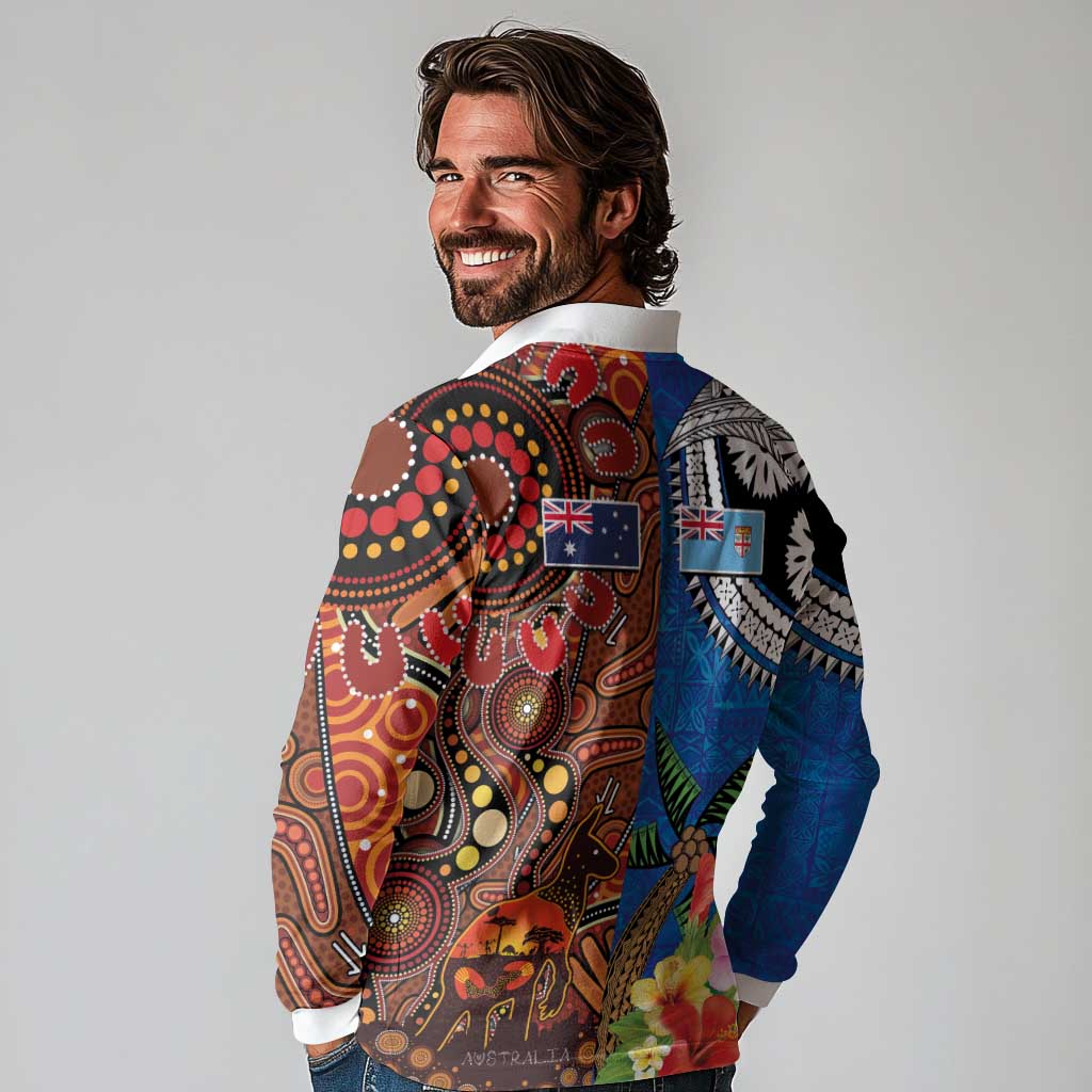 Fiji and Australia Together Long Sleeve Polo Shirt Fijian Tapa Plants with Kangaroo and Aboriginal - Polynesian Pride