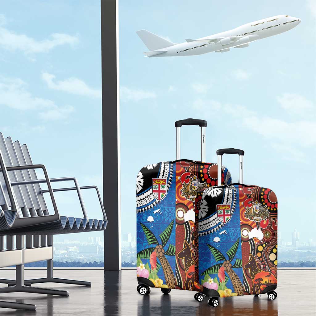 Fiji and Australia Together Luggage Cover Fijian Tapa Plants with Kangaroo and Aboriginal - Polynesian Pride
