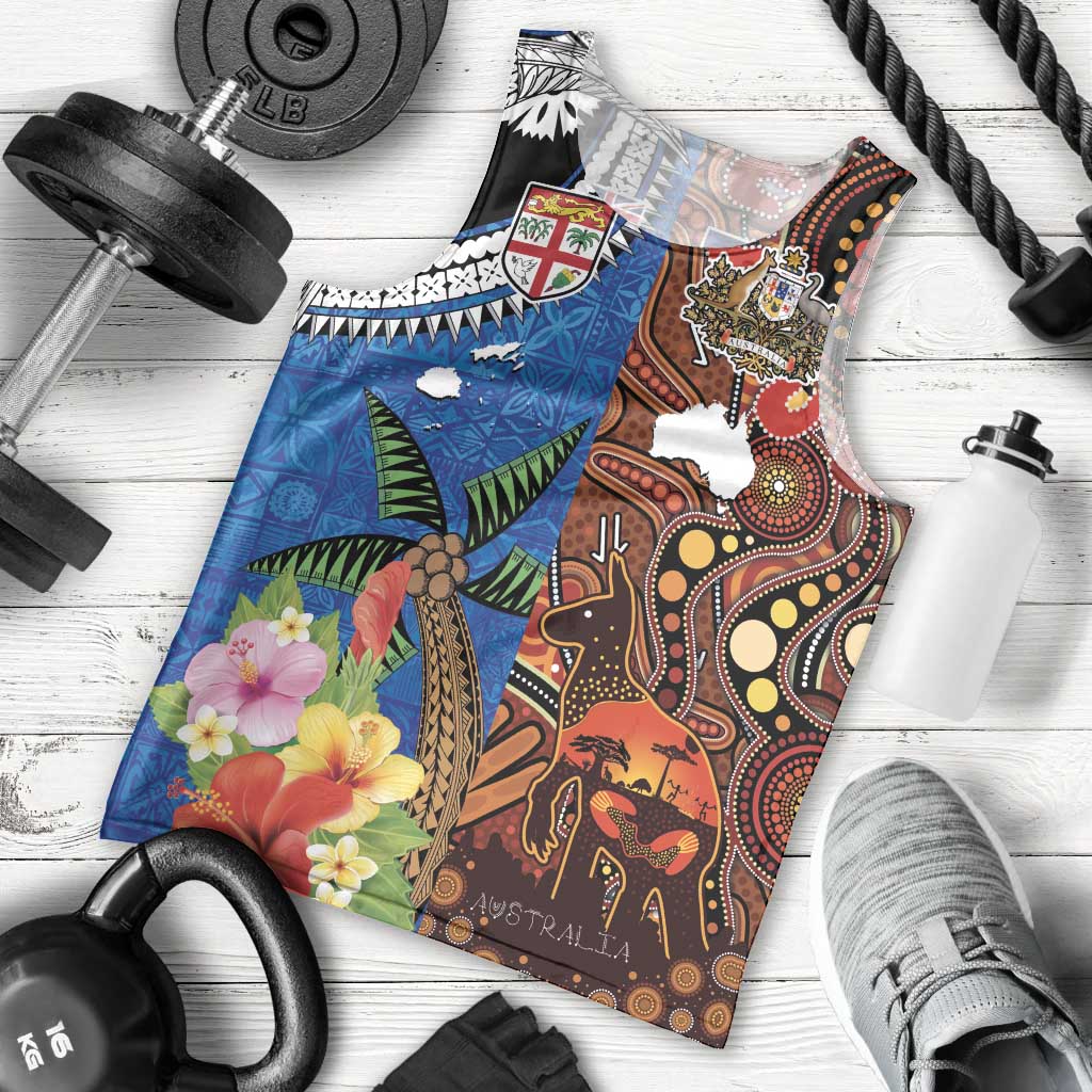 Fiji and Australia Together Men Tank Top Fijian Tapa Plants with Kangaroo and Aboriginal - Polynesian Pride