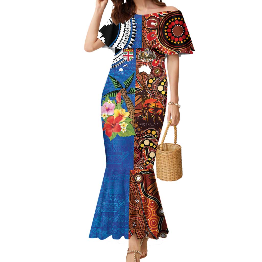 Fiji and Australia Together Mermaid Dress Fijian Tapa Plants with Kangaroo and Aboriginal - Polynesian Pride