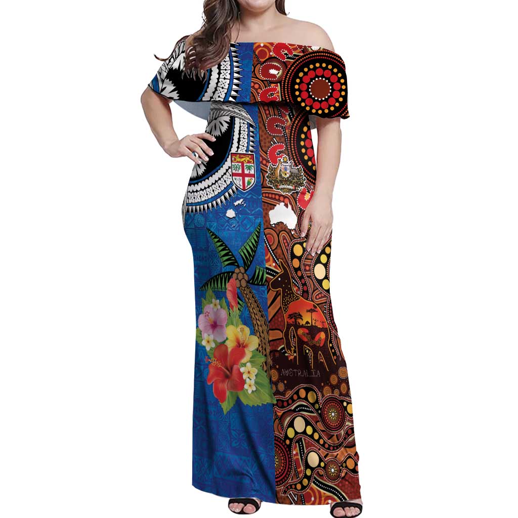 Fiji and Australia Together Off Shoulder Maxi Dress Fijian Tapa Plants with Kangaroo and Aboriginal - Polynesian Pride