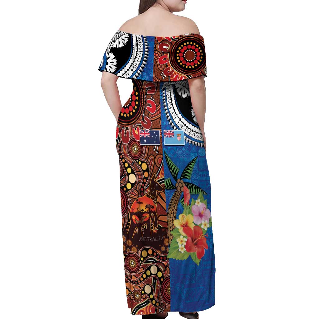 Fiji and Australia Together Off Shoulder Maxi Dress Fijian Tapa Plants with Kangaroo and Aboriginal - Polynesian Pride
